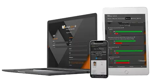 Abibuch-Web-App auf Laptop, Tablet und Smartphone: Geräte-unabhängige Organisation des Abibuchs.
